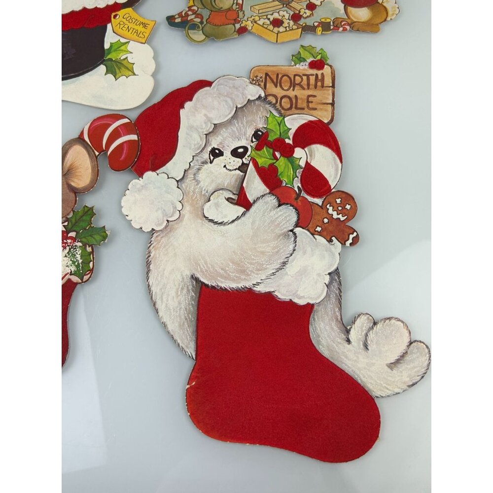 Vintage Christmas Red Velvet Accented Paper Cutout Decoration Mouse Elf Raccoon - Picture 6 of 16